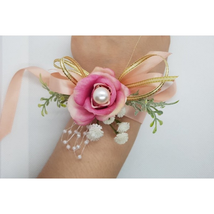 Wrist Corsage Rose Fabric Flower & Artificial Leaves with Satin Ribbon