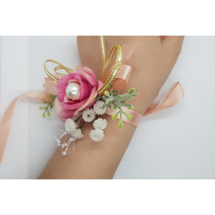 Wrist Corsage Rose Fabric Flower & Artificial Leaves with Satin Ribbon