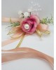 Wrist Corsage Rose Fabric Flower & Artificial Leaves with Satin Ribbon