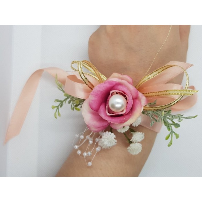 Wrist Corsage Rose Fabric Flower & Artificial Leaves with Satin Ribbon