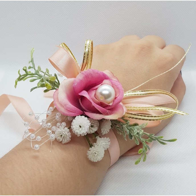 Wrist Corsage Rose Fabric Flower & Artificial Leaves with Satin Ribbon
