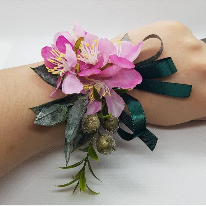 Wrist Corsage Fabric Flower Artificial Leaf with Satin Ribbon