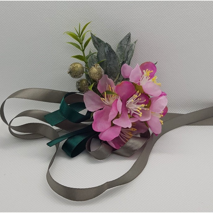 Wrist Corsage Fabric Flower Artificial Leaf with Satin Ribbon