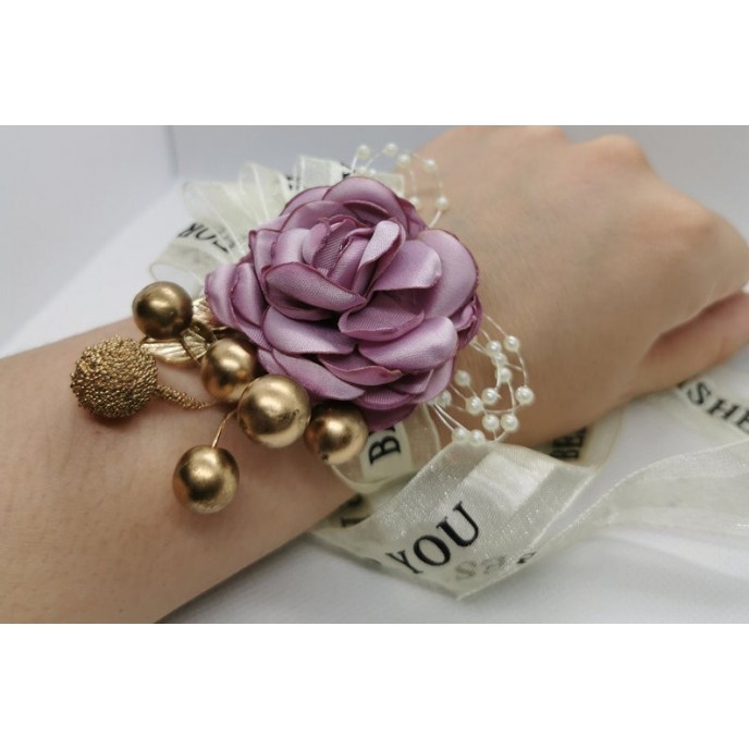 Wrist Corsage Flower Rose with Gold Decoration & Pearl