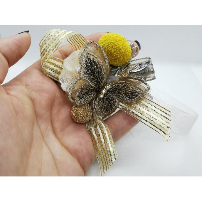 Wrist Corsage Gold 3D Lace Butterfly with Gold & Yellow Decoration