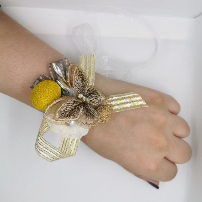 Wrist Corsage Gold 3D Lace Butterfly with Gold & Yellow Decoration