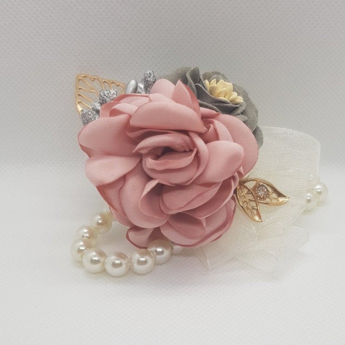 Wrist Corsage Rose Flower with Gold Leaf & Pearl Bracelet