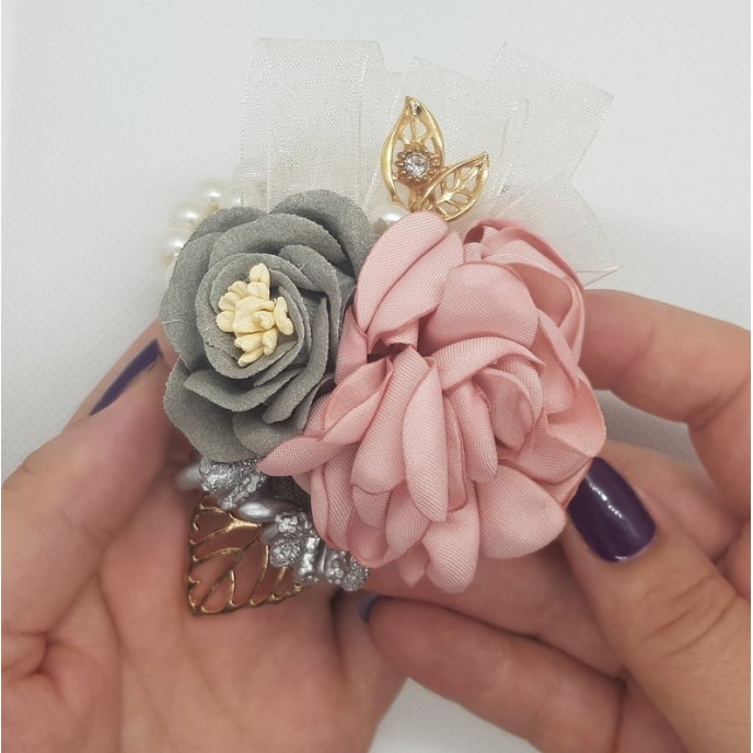 Wrist Corsage Rose Flower with Gold Leaf & Pearl Bracelet