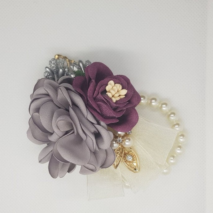 Wrist Corsage Rose Flower with Gold Leaf & Pearl Bracelet