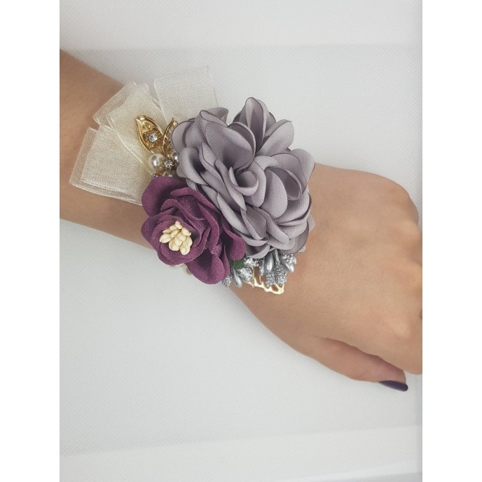 Wrist Corsage Rose Flower with Gold Leaf & Pearl Bracelet