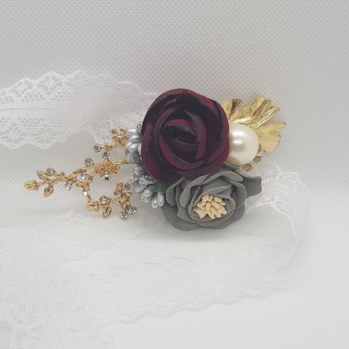 Wrist Corsage, Rose Flower with Gold, Crystals, Pearl & Lace Ribbon