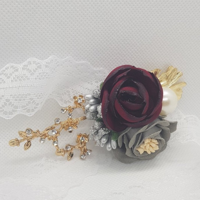 Wrist Corsage, Rose Flower with Gold, Crystals, Pearl & Lace Ribbon