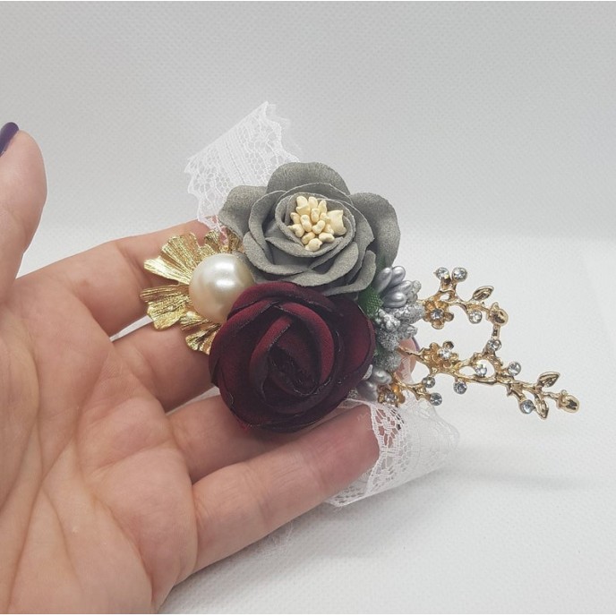 Wrist Corsage, Rose Flower with Gold, Crystals, Pearl & Lace Ribbon