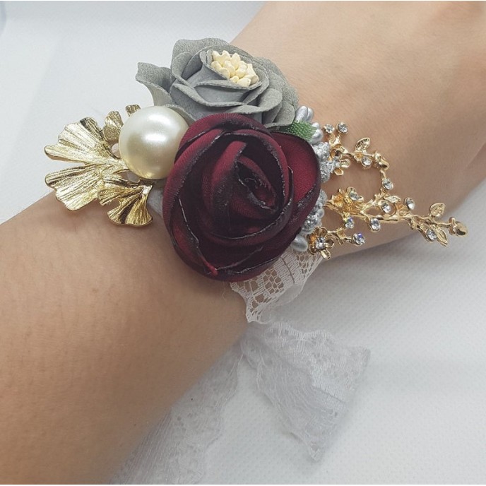 Wrist Corsage, Rose Flower with Gold, Crystals, Pearl & Lace Ribbon