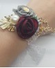 Wrist Corsage, Rose Flower with Gold, Crystals, Pearl & Lace Ribbon