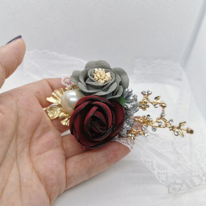 Wrist Corsage, Rose Flower with Gold, Crystals, Pearl & Lace Ribbon