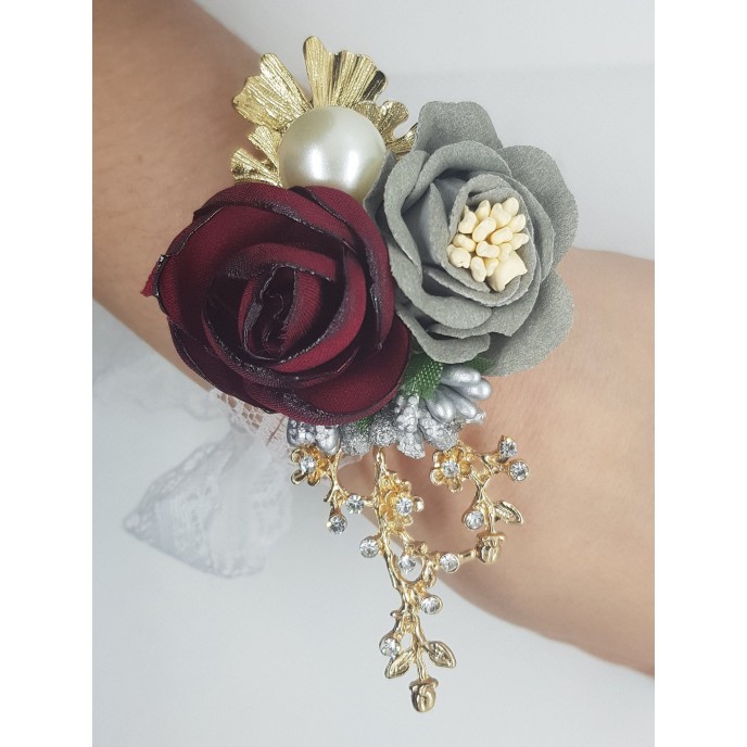 Wrist Corsage, Rose Flower with Gold, Crystals, Pearl & Lace Ribbon