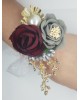 Wrist Corsage, Rose Flower with Gold, Crystals, Pearl & Lace Ribbon
